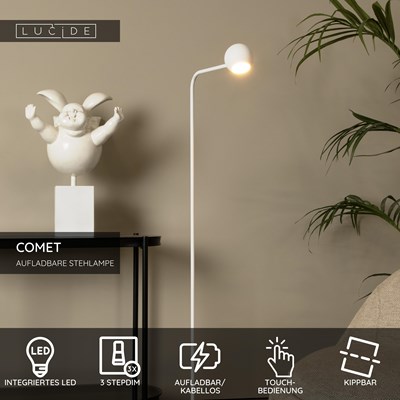 Lucide COMET - wiederaufladbare Stehlampe - Akku/Batterie - LED 3 StepDim - 1x3W 2700K - Weiß